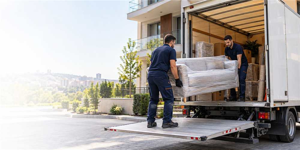 Liftli nakliyat aracına eşya yükleyen taşıma ekibi